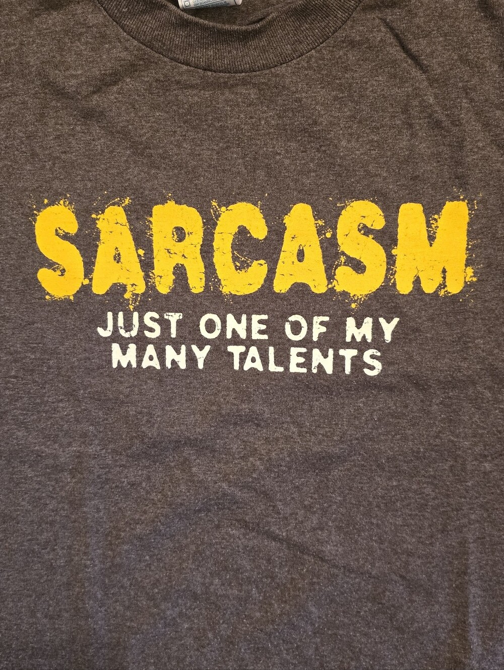 Vintage Y2K Novelty Brown Charcoal Tee with Yellow & White 'SARCASM' Graphic